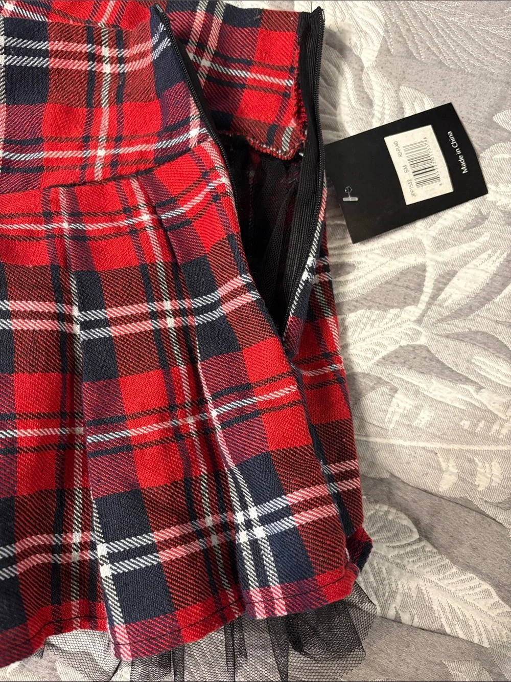 Red Plaid Pleated Mini Skirt with Black Tulle Hem